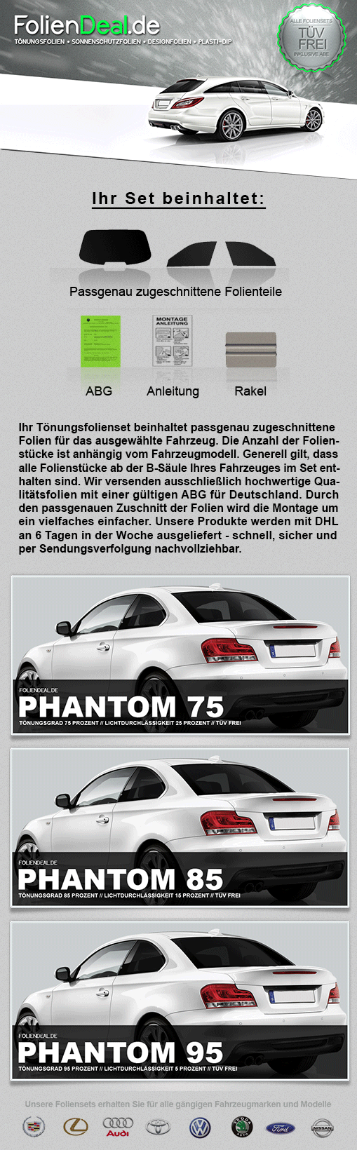 Passgenaue Tönungsfolie  Audi TT  Coupe Bj.:2015 Phantom 85